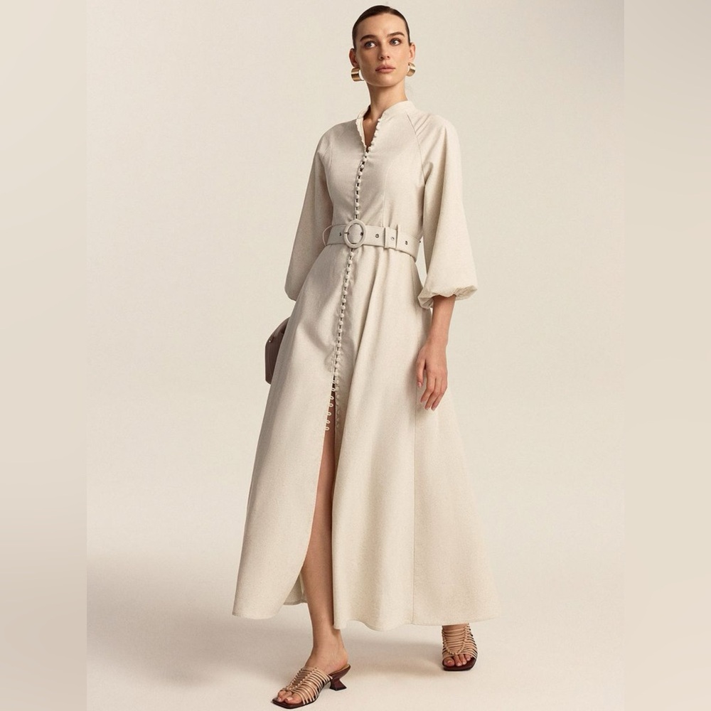 Commense Cream Long Sleeve Belted Dress